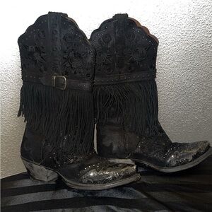 Dan Post Black Heeled Boots with Fringe